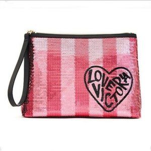 NWT Victoria's Secret Love Stripe Sequin Makeup Bag Pinik Black Hearts Love VS